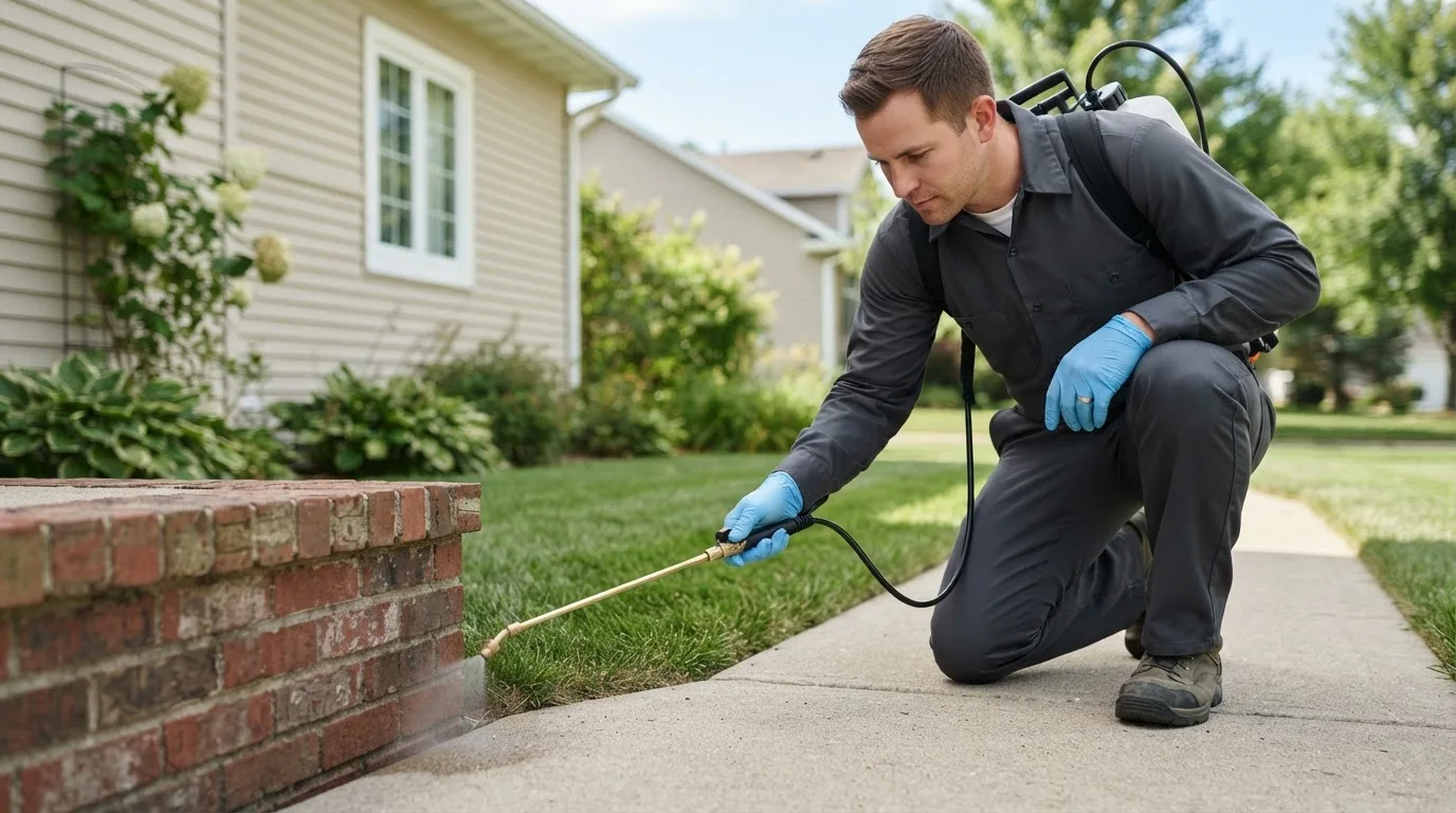 Pest control technician treating a home near New Carlisle, OH