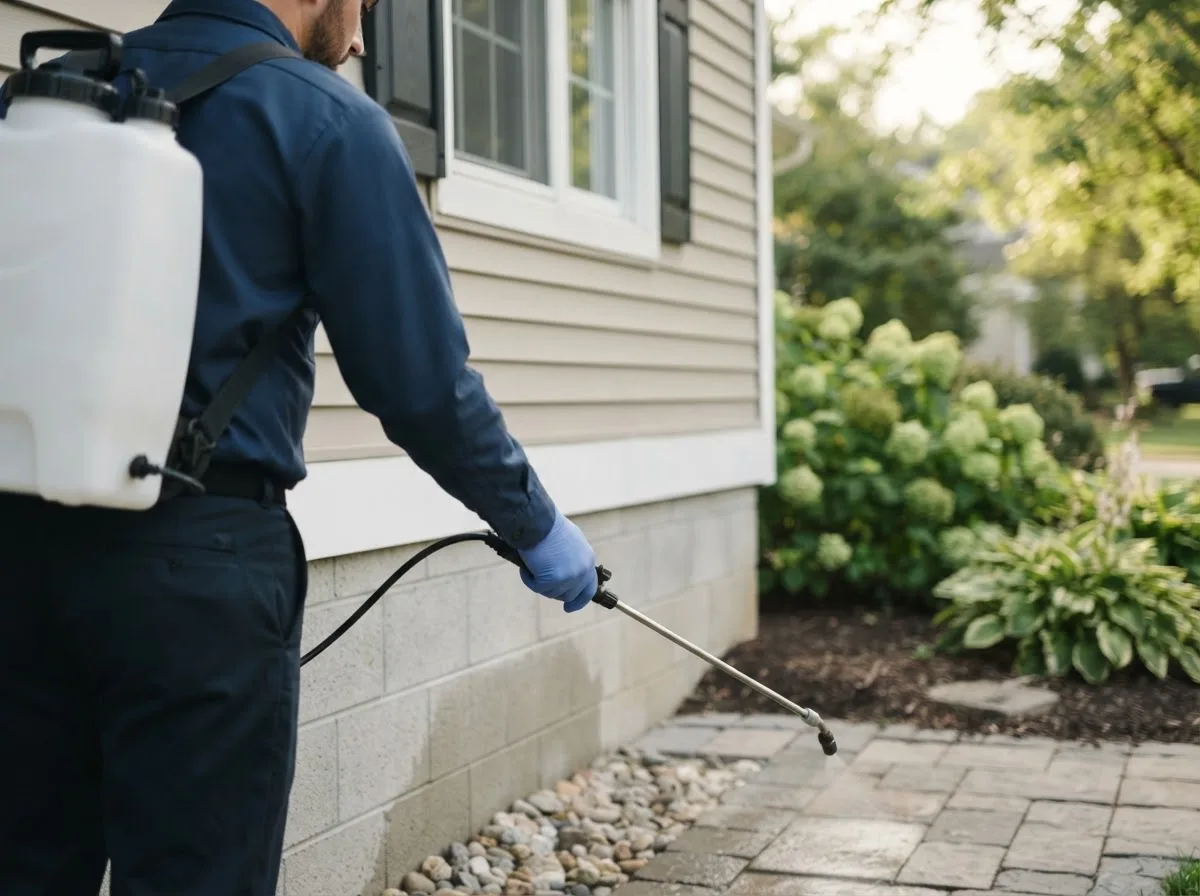 Pest control technician inspecting a home in New Carlisle, OH